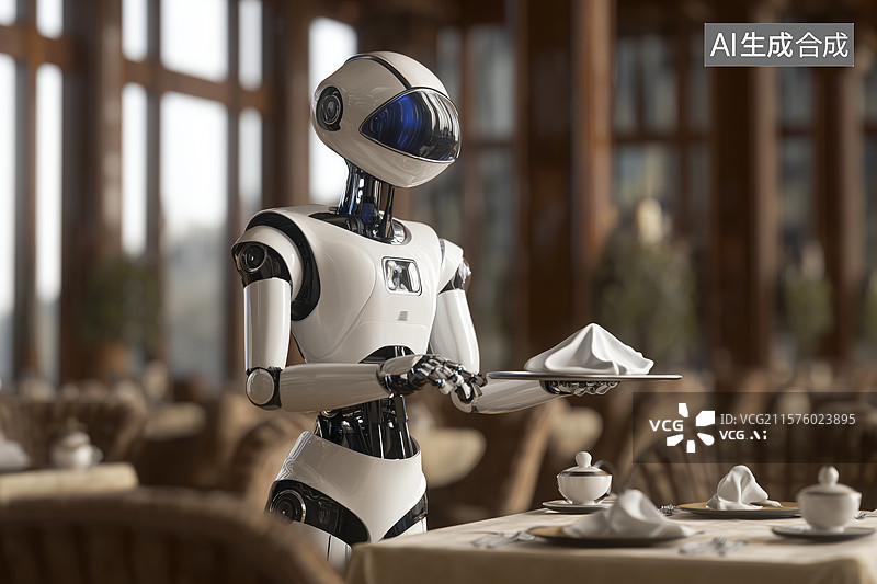 【AI数字艺术】餐厅中的机器人服务员图片素材