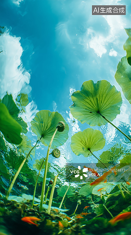 【AI数字艺术】水下荷叶与游鱼的自然景象图片素材
