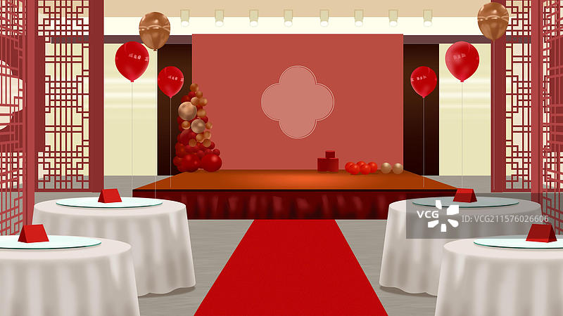 商务酒店酒楼婚姻婚庆结婚豪华装饰装备婚礼现场摆酒喝喜酒喜庆热闹场景室内插画图片素材