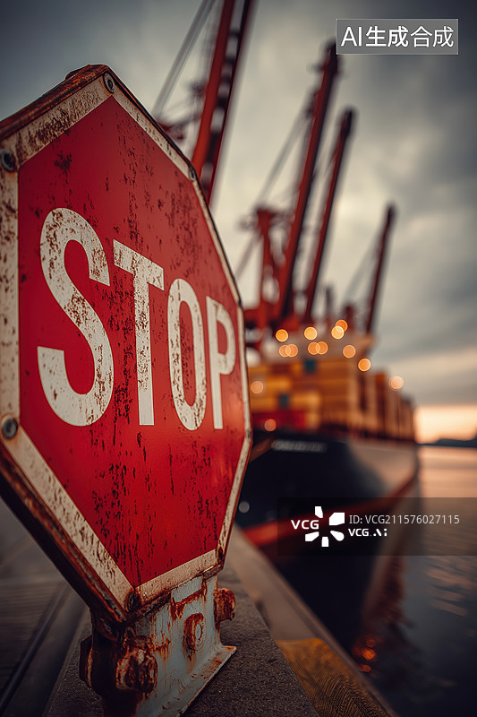 【AI数字艺术】港口旁的红色停止标志图片素材
