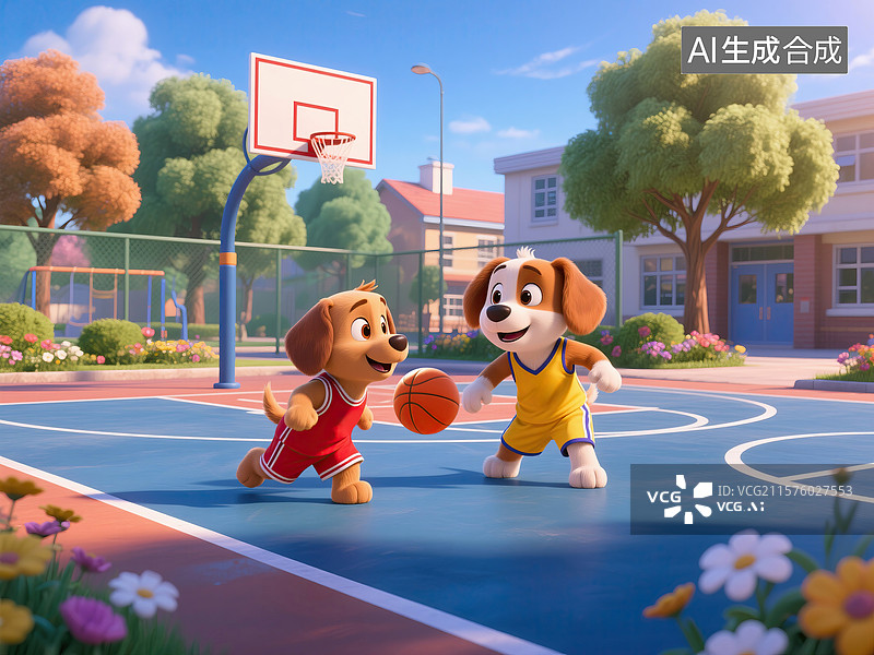 【AI数字艺术】打篮球的卡通小狗图片素材