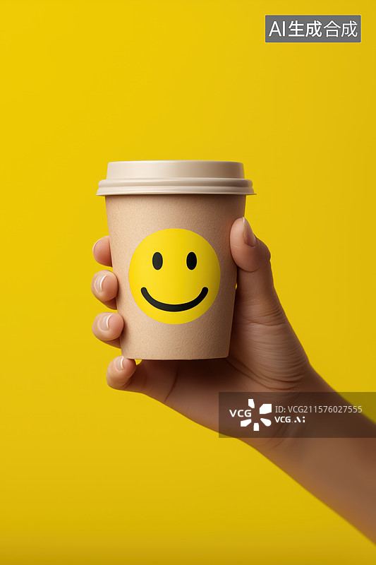 【AI数字艺术】手握带笑脸图案的咖啡杯图片素材