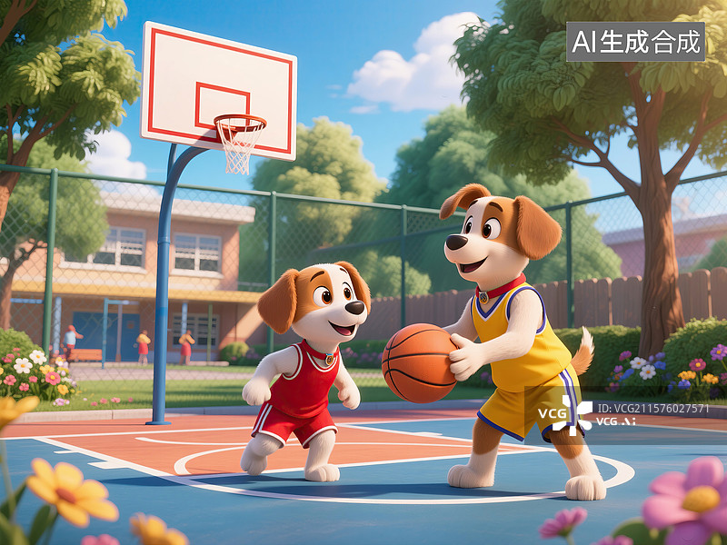 【AI数字艺术】打篮球的卡通小狗图片素材