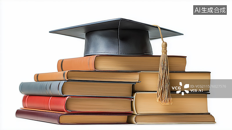 【AI数字艺术】毕业帽置于书堆之上图片素材