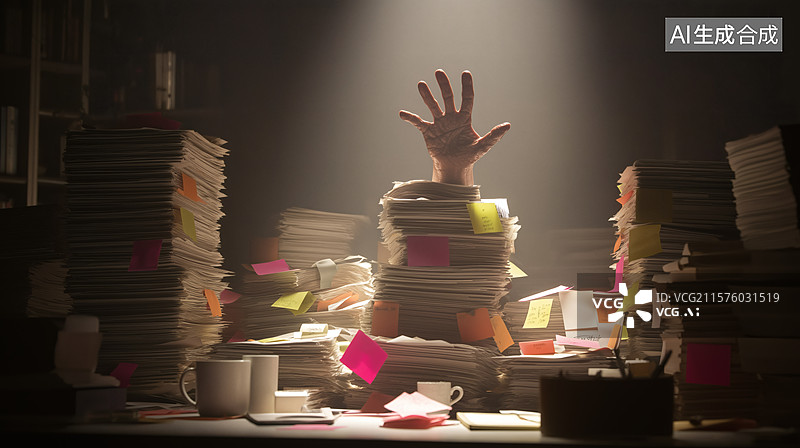 【AI数字艺术】被文件淹没的困境图片素材