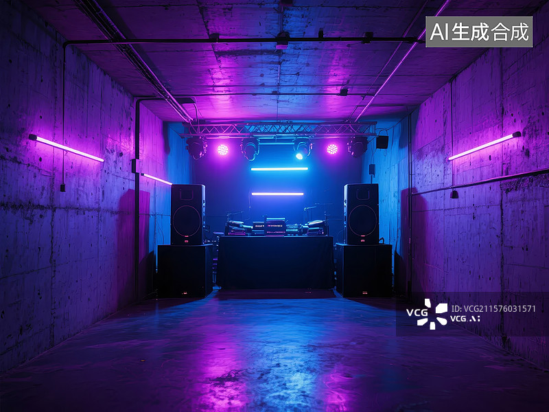 【AI数字艺术】霓虹灯下的音响设备走廊图片素材
