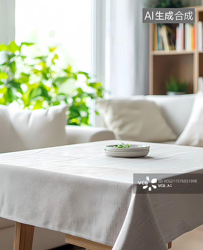 【AI数字艺术】室内桌布碗绿植书架场景图片素材