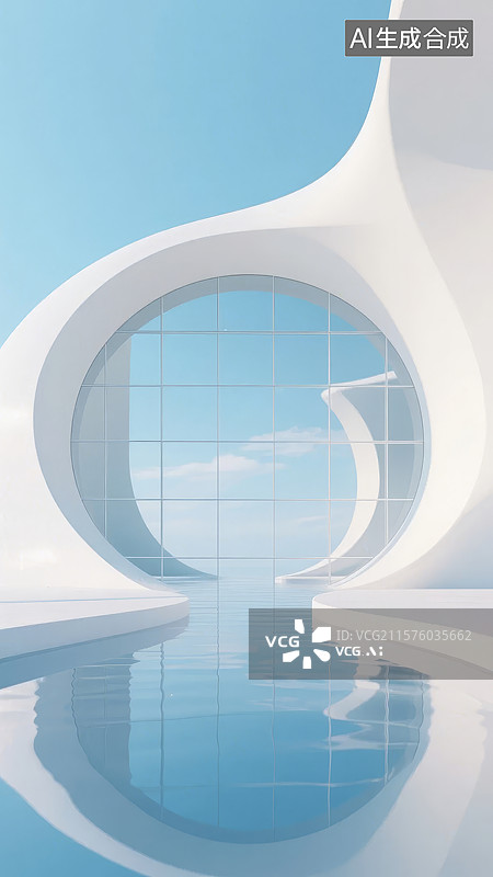 【AI数字艺术】现代建筑中的圆形窗与水池图片素材