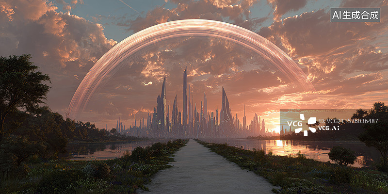 【AI数字艺术】彩虹下的梦幻城市图片素材