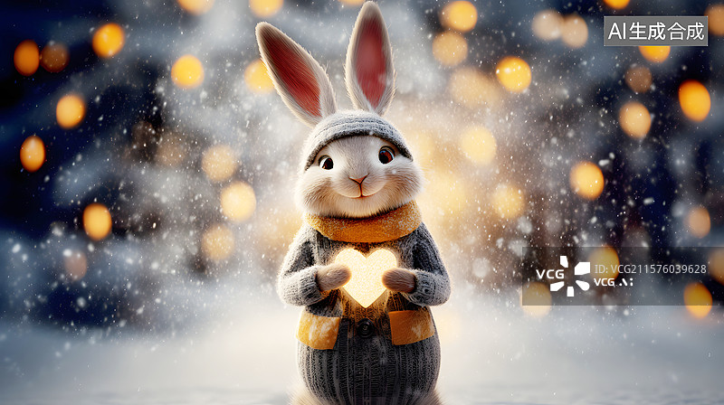 【AI数字艺术】AIGC：可爱的小兔子抱着发光的心形灯图片素材
