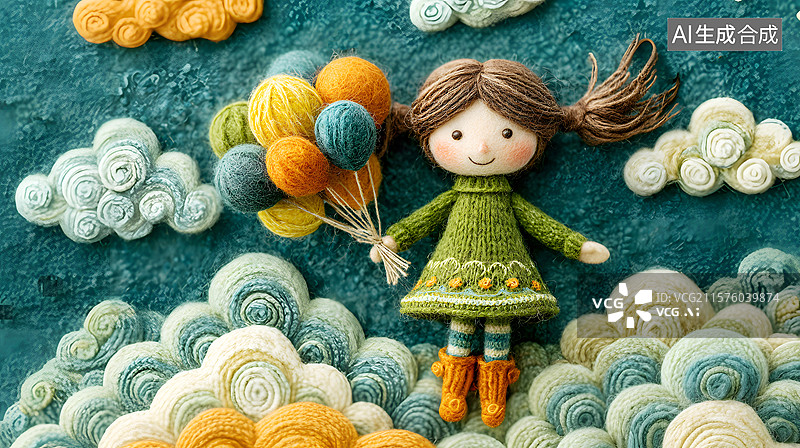 【AI数字艺术】AIGC：3D毛线风格 拿着气球的小女孩 治愈系背景壁纸图片素材