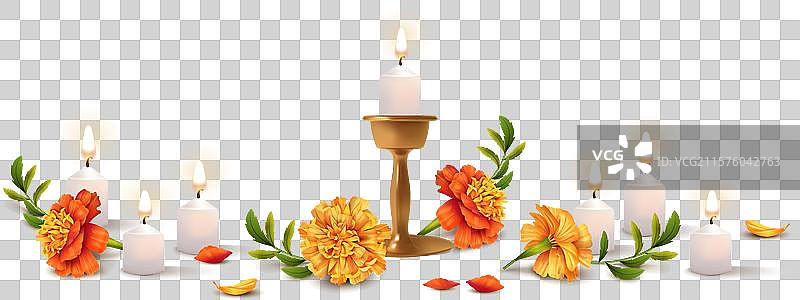 烛台中的燃烧蜡烛与万寿菊图片素材