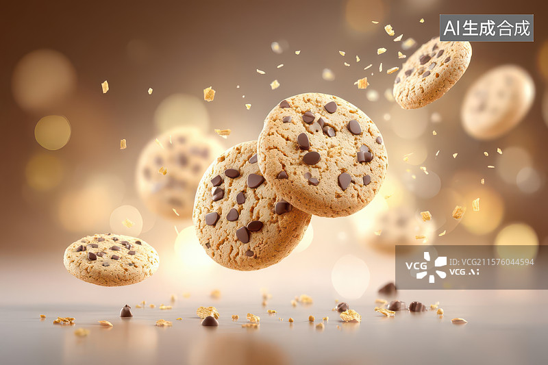 【AI数字艺术】悬浮巧克力曲奇饼干动态光影效果图片素材