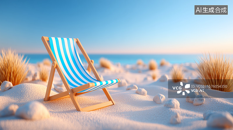 【AI数字艺术】沙滩躺椅与日落美景图片素材