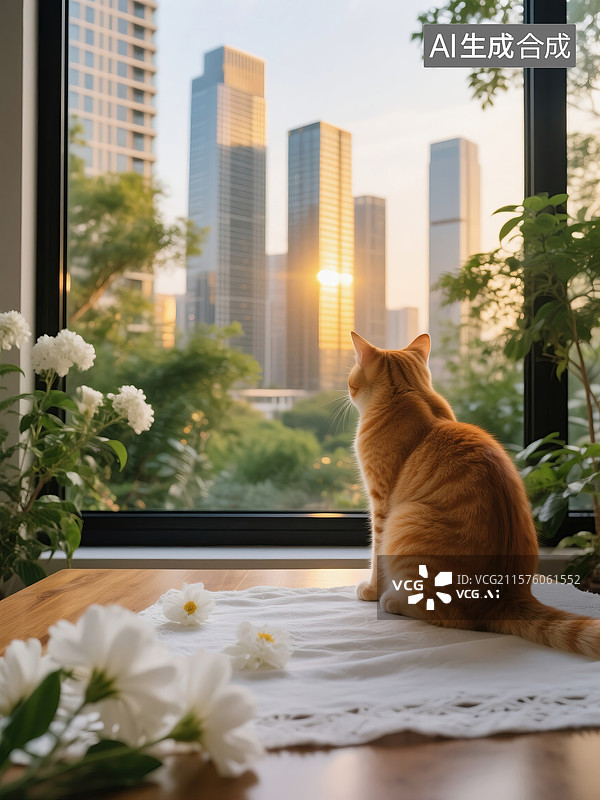 【AI数字艺术】窗户边桌子上的小橘猫图片素材