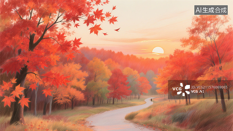 【AI数字艺术】秋天的森林里，红色和橙色的树叶在夕阳下显得格外美丽，一条蜿蜒的小路穿过树林图片素材