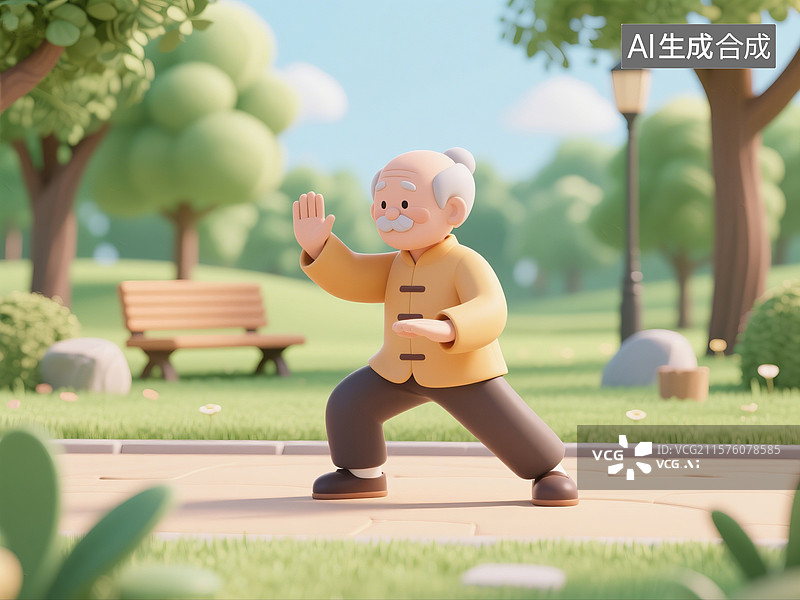 【AI数字艺术】3D渲染卡通人物，老人，退休老人，在公园里打太极拳的老爷爷，八段锦，五禽戏，锻炼，运动，休闲娱乐活动图片素材