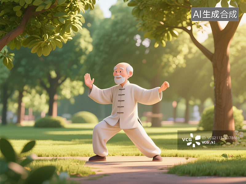 【AI数字艺术】3D渲染卡通人物，老人，退休老人，在公园里打太极拳的老爷爷，八段锦，五禽戏，锻炼，运动，休闲娱乐活动图片素材
