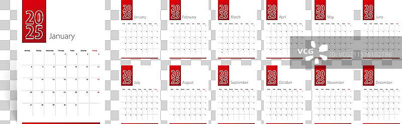 2025年日历设计，包含12个月，周从周一开始图片素材