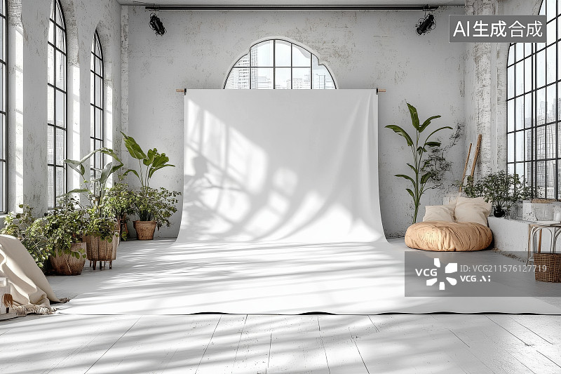 【AI数字艺术】明亮室内摄影棚，白色背景布与绿植装饰图片素材