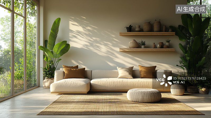 【AI数字艺术】现代简约客厅设计，自然光与绿植点缀图片素材