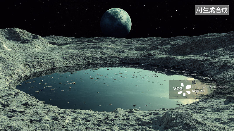 【AI数字艺术】月球表面的水坑与地球图片素材