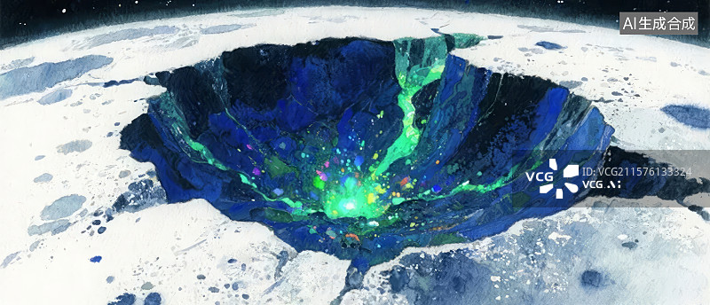 【AI数字艺术】月球表面的神秘发光陨石坑图片素材