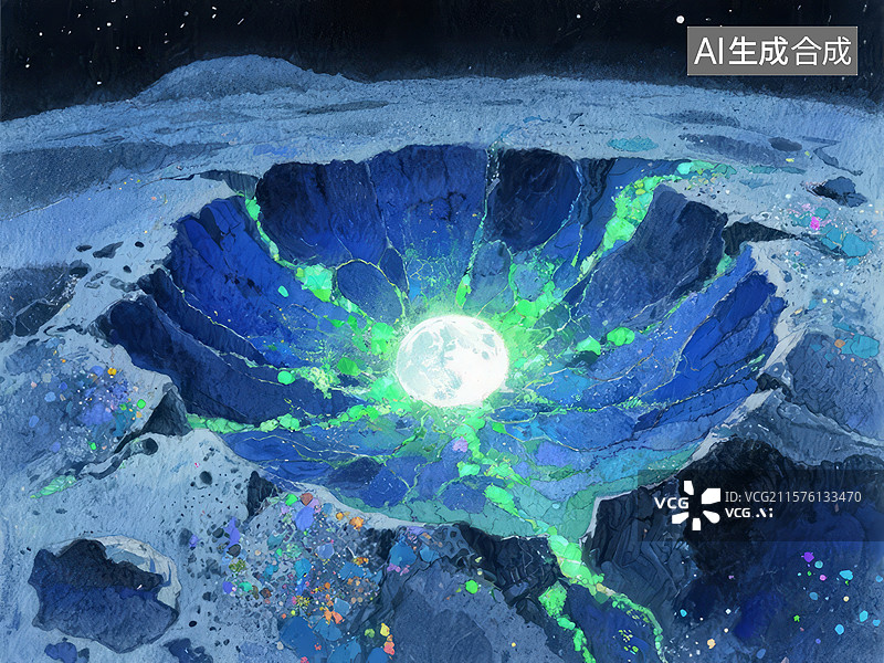【AI数字艺术】月球表面的神秘发光陨石坑图片素材