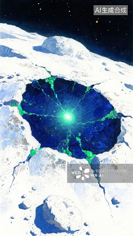 【AI数字艺术】月球表面神秘发光的蓝色陨石坑图片素材