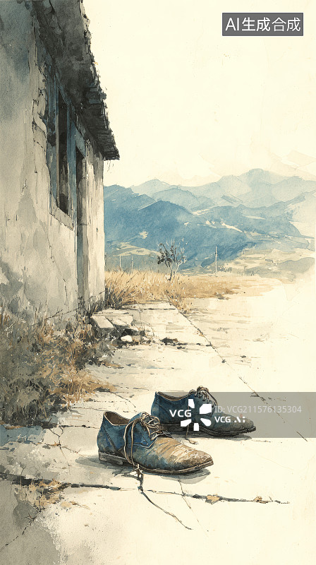 【AI数字艺术】荒村前院草地上的旧衣与远山景象图片素材