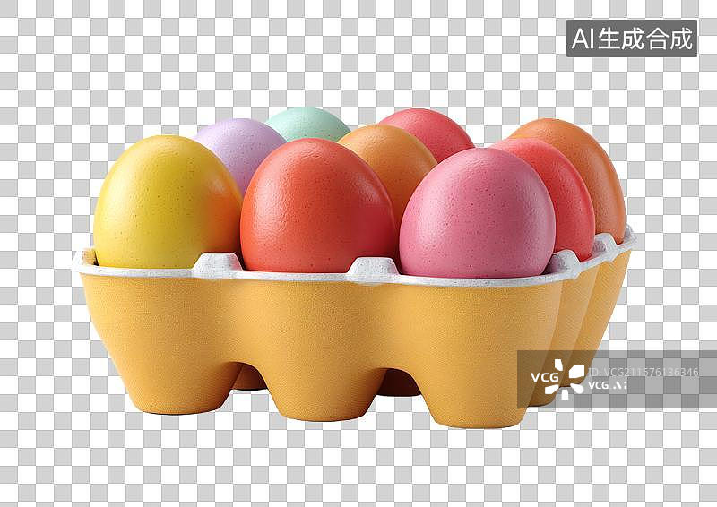 【AI数字艺术】【免抠png素材】鸡蛋盒里放着彩色卡通鸡蛋图片素材