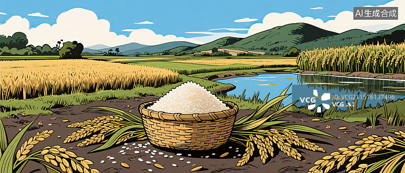 【AI数字艺术】稻米，稻田，丰收，山峰，插画图片素材