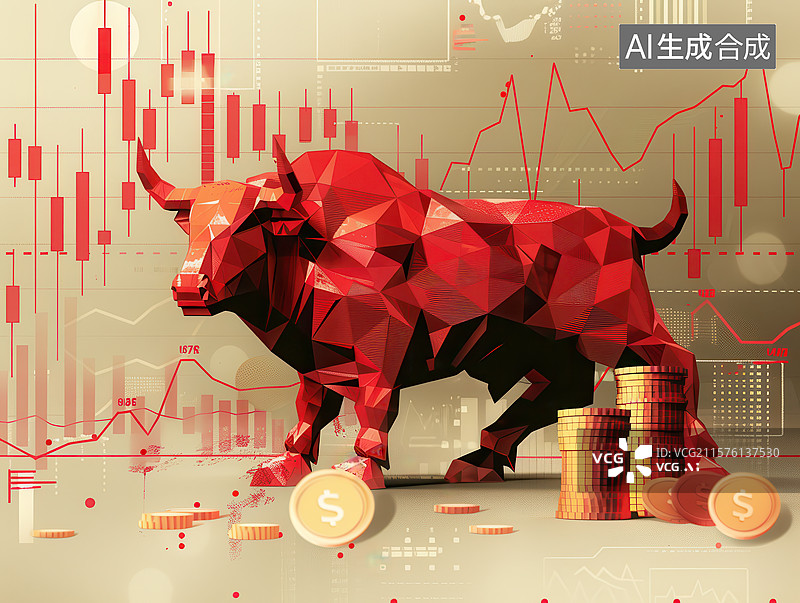 【AI数字艺术】几何红牛：金融牛市的财富隐喻图片素材