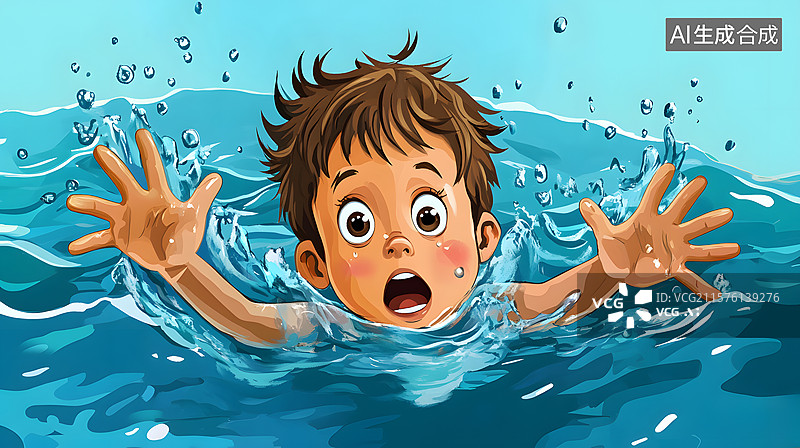 【AI数字艺术】【AIGC】孩子溺水呼救暑期安全教育插画图片素材