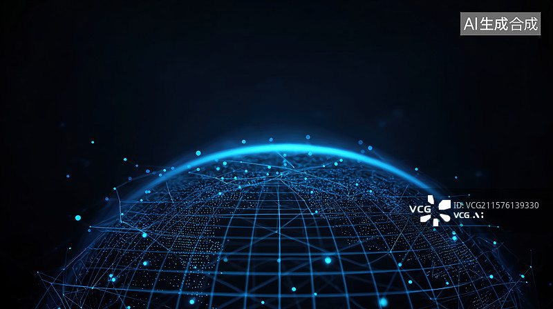【AI数字艺术】蓝色光点构成的半球网格结构图片素材