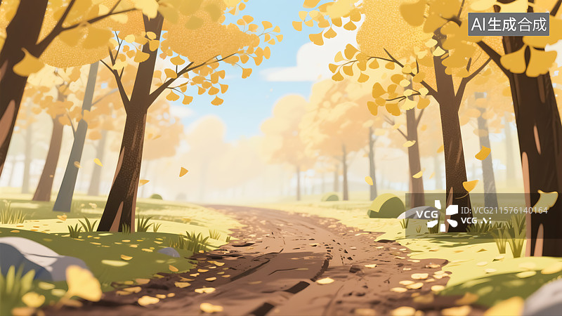 【AI数字艺术】秋天银杏树林风景插画图片素材