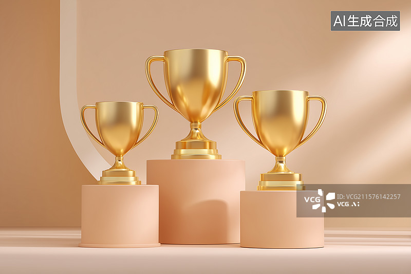 【AI数字艺术】三个金色的荣誉奖杯图片素材