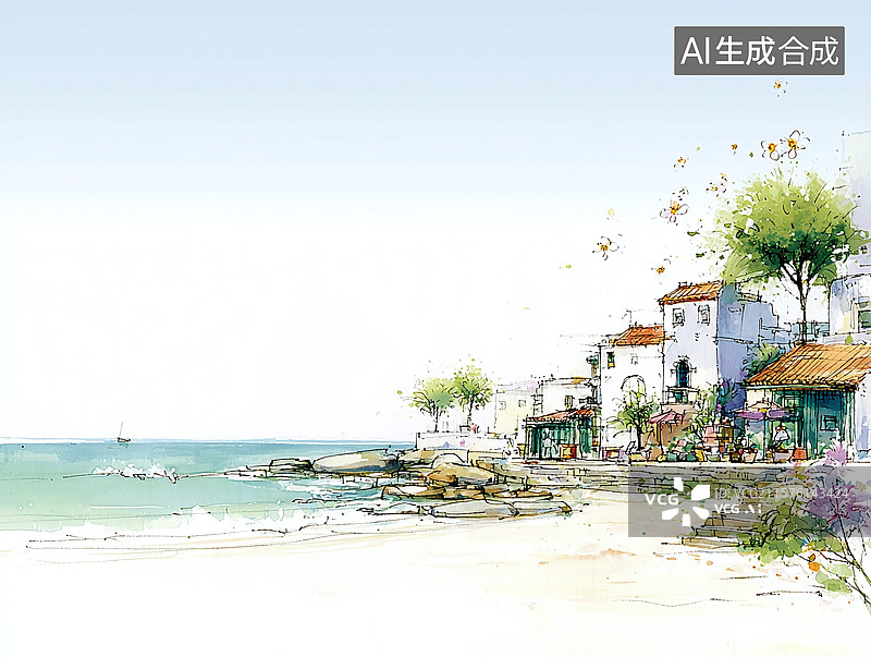 【AI数字艺术】【诗歌配图：盛夏的风】手绘插图， 波浪， 被风吹着， 沿着墙壁， 向上， 翻腾没有， 一滴水图片素材