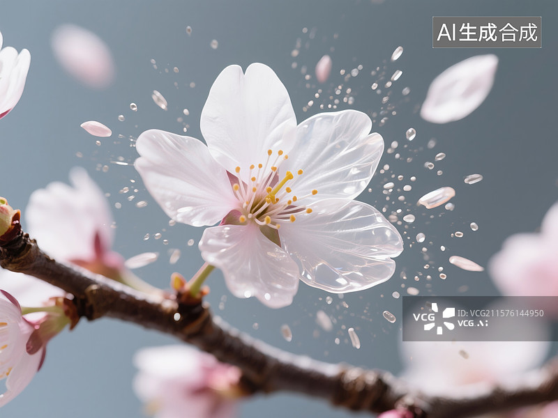 【AI数字艺术】空灵樱花碰撞古树花瓣特写抽象花卉图案用于季节性杂志插画书籍封面和商业设计仿生材料研究灵感来源图片素材
