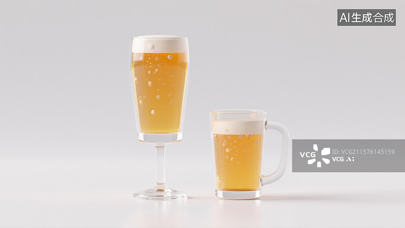 【AI数字艺术】清爽夏日啤酒节3D卡通插画高脚和矮脚啤酒杯2杯装满的啤酒碰杯创意商业庆祝酿造传统和清凉饮品图片素材