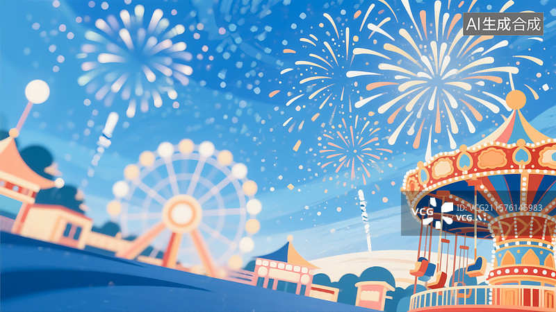 【AI数字艺术】游乐园烟花插画图片素材