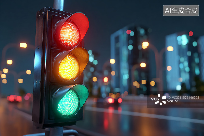 【AI数字艺术】夜晚，城市十字路口的红绿灯图片素材