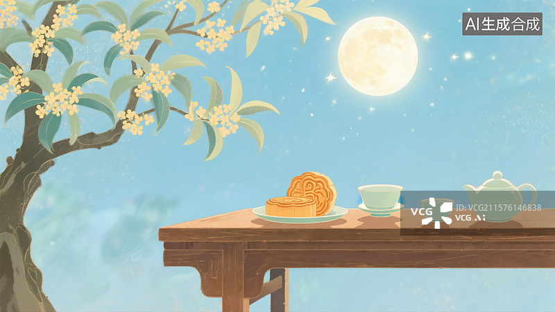 【AI数字艺术】中秋节月亮桂花月饼插画图片素材
