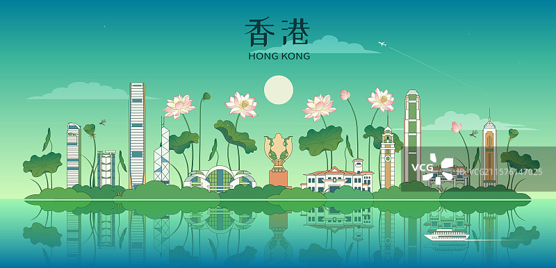 香港城市夏天荷花描边矢量插画图片素材