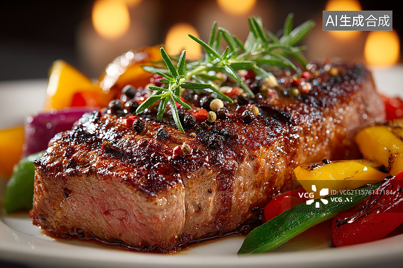 【AI数字艺术】餐盘中的煎牛排，旁边的配菜，牛肉上的迷迭香与黑胡椒图片素材