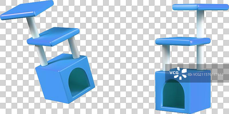 受欢迎的蓝色猫屋，配有高大的抓挠柱图片素材