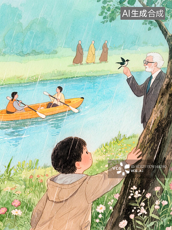 【AI数字艺术】孩子雨中触摸大暑自然风景花草僧侣行走游客小溪漂流物理学家观察动物手绘儿童插画绘本风格文学诗歌诗词配图图片素材