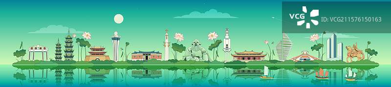 泉州城市夏天荷花描边矢量插画图片素材