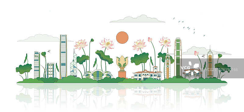 香港城市夏天荷花描边矢量插画图片素材