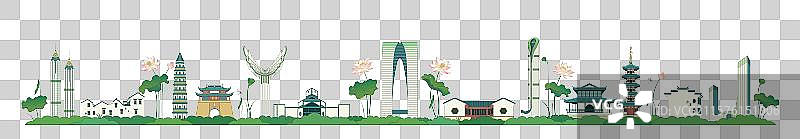 苏州城市夏天荷花描边矢量插画图片素材